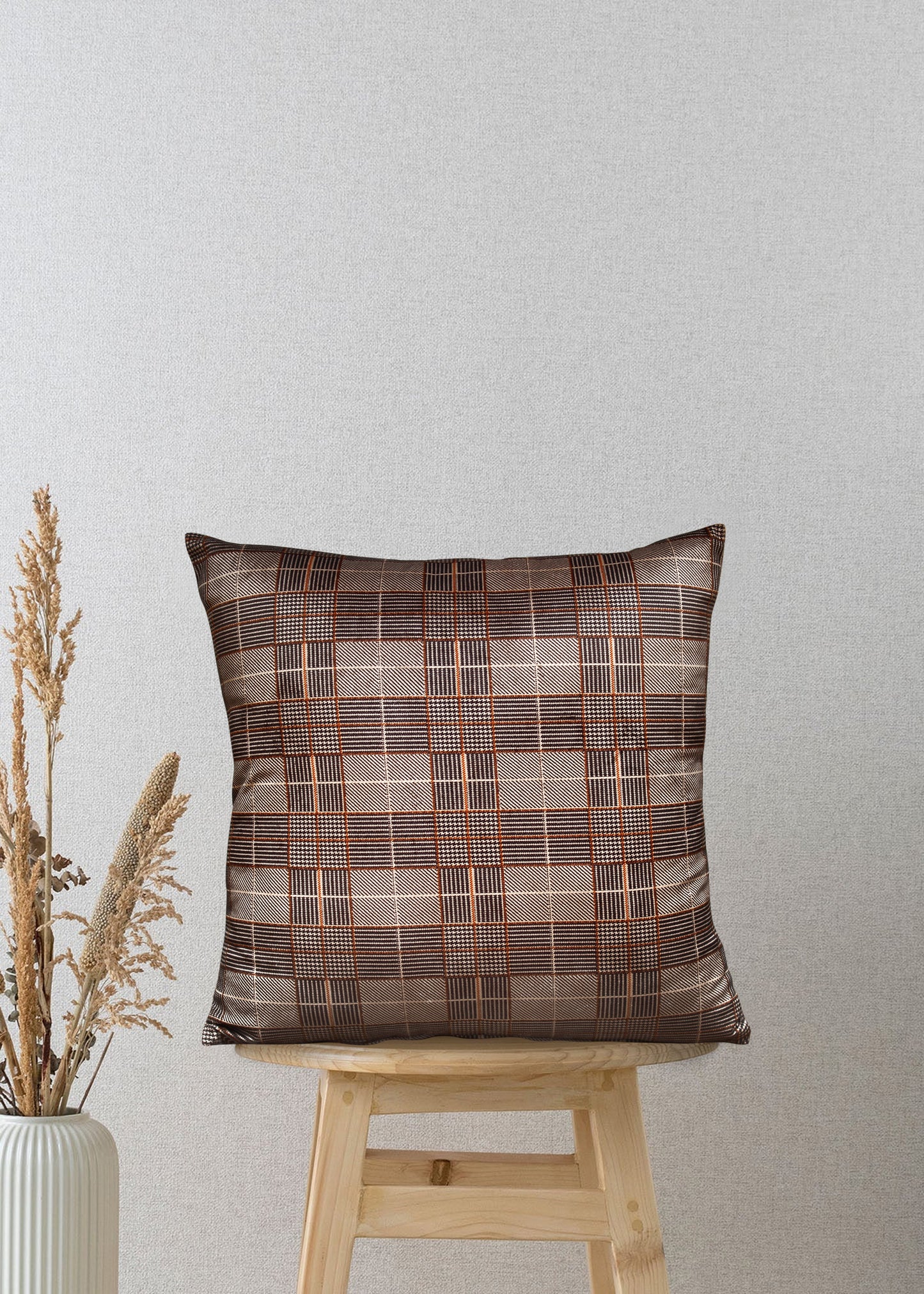 Classic Brown Plaid Jacquard Cushion Cover – 17x17 Inches | Elegant Decorative Pillow