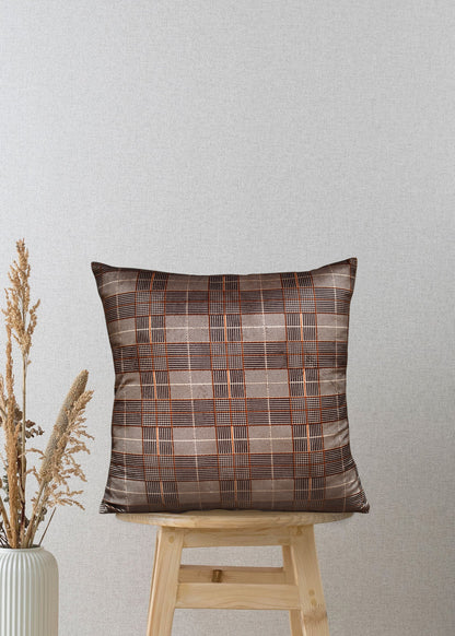 Classic Brown Plaid Jacquard Cushion Cover – 17x17 Inches | Elegant Decorative Pillow