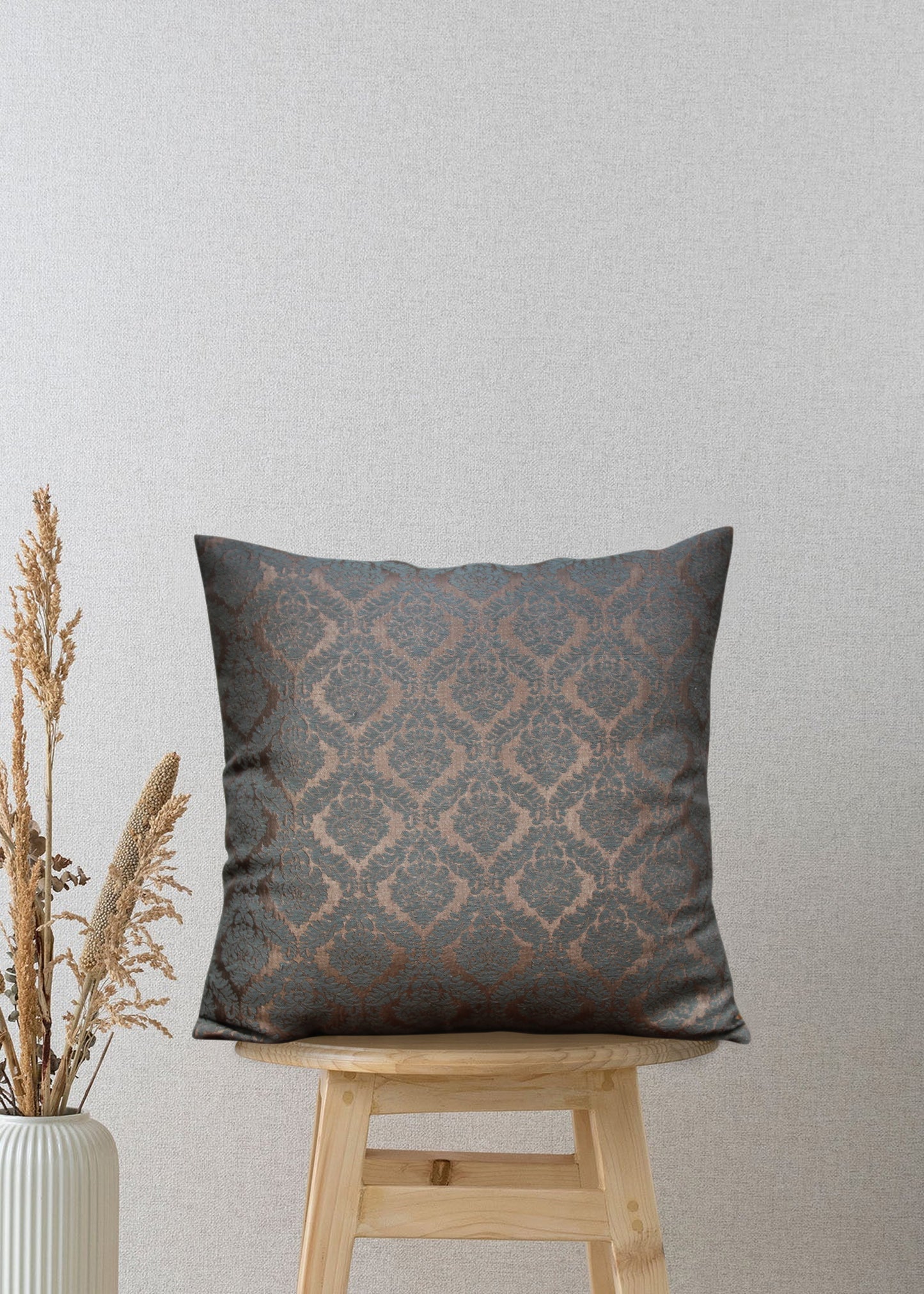 Royal Damask Teal & Bronze Throw Pillow Cover – Luxurious Jacquard, 17x17 Inches